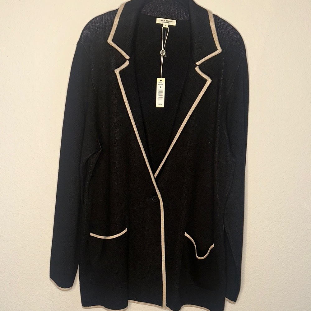 Max Studio Black Cardigan with Cream‎ Accents